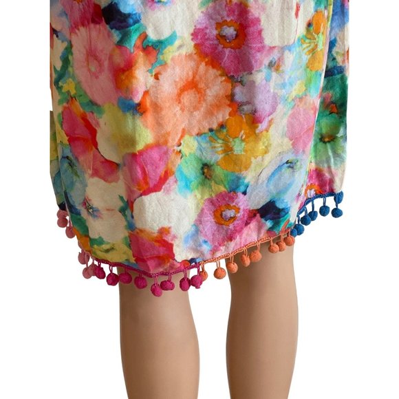 Sundance Long Sleeve Floral Pom Pom V Neck Dress Swim Coverup Medium Cotton - Picture 8 of 12